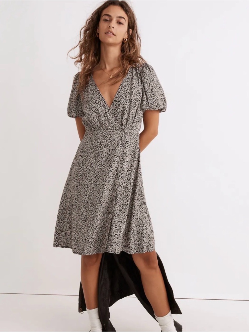 Madewell Challis Wrap Mini Dress 18W Tudor Floral Black White V-Neck Puff Sleeve